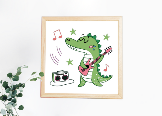 Cadre avec crocodile rockeur en pastel, ambiance musicale joyeuse et moderne