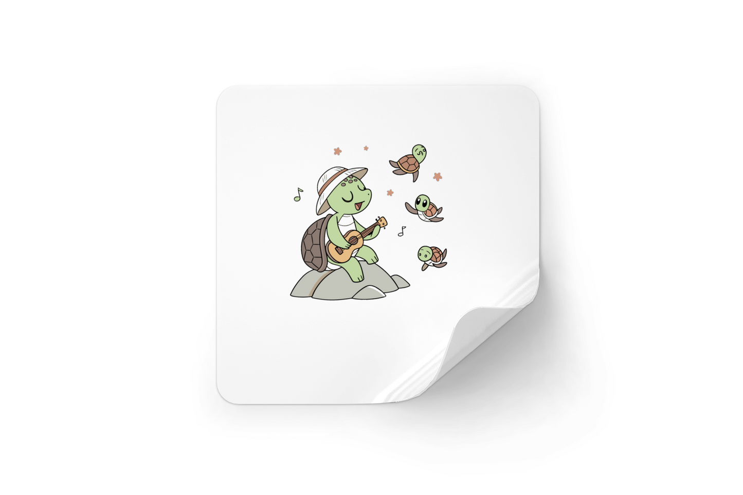 Sticker fantaisie avec une tortue musicienne joyeuse au bord de l'eau