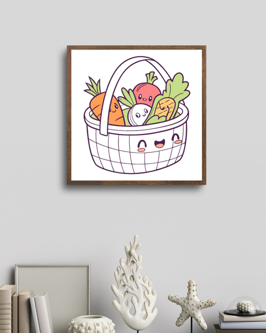 Cadre déco avec légumes souriants, scène joyeuse pour cuisine animée