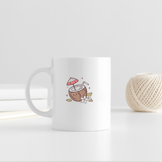Mug avec noix de coco Kawaii sur fond tropical coloré et joyeux