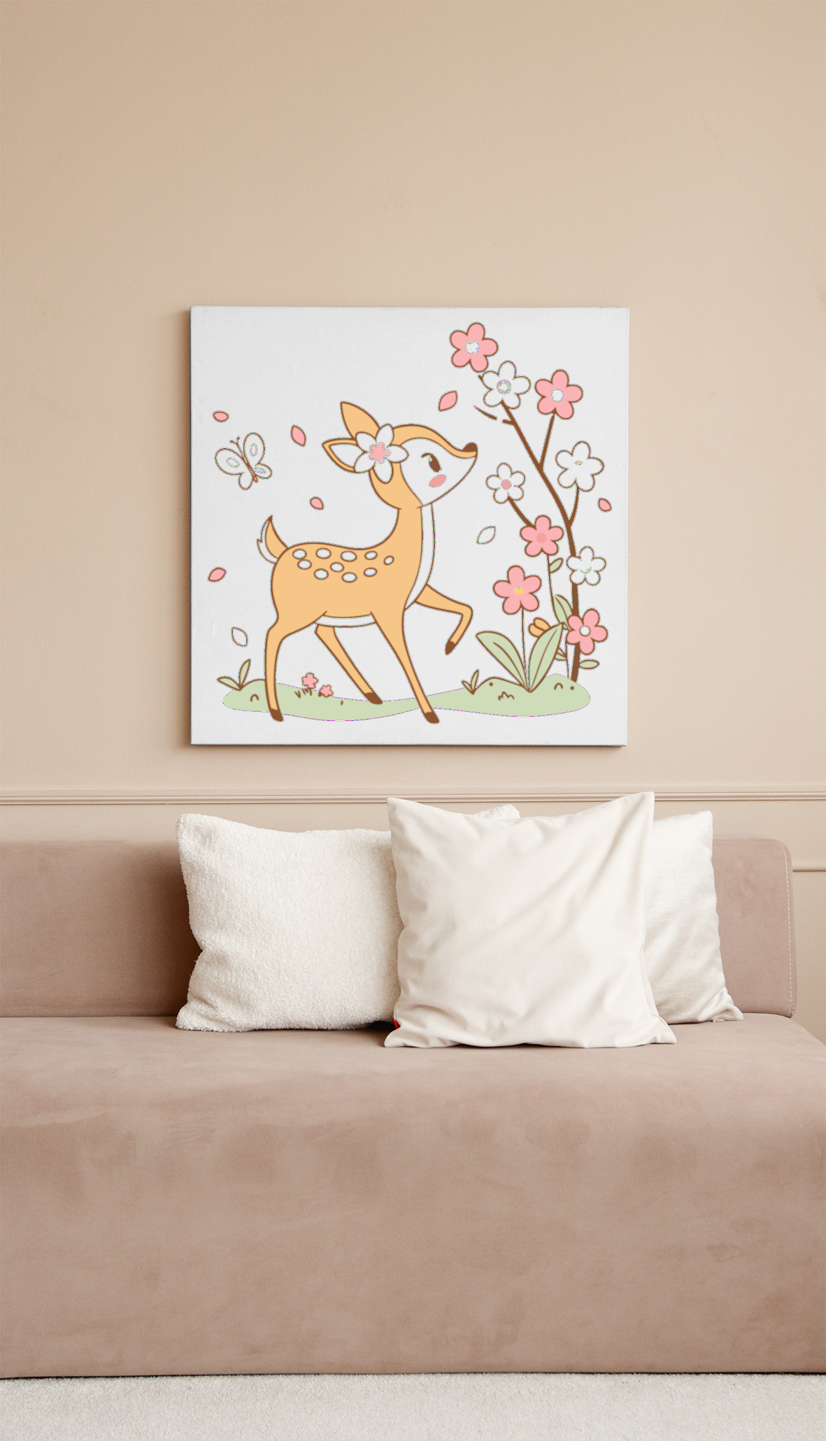 Cadre décoratif avec faon curieux dans un style pastel et ambiance printanière
