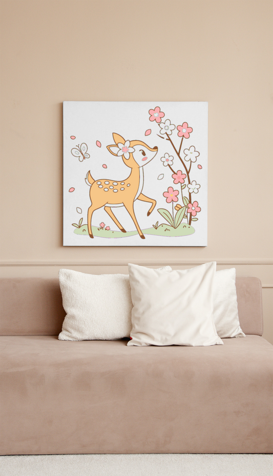 Cadre décoratif avec faon curieux dans un style pastel et ambiance printanière