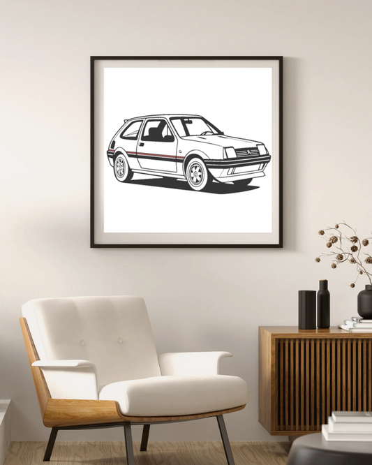 Illustration de la Peugeot 205 en style ligne vintage pour décoration murale.