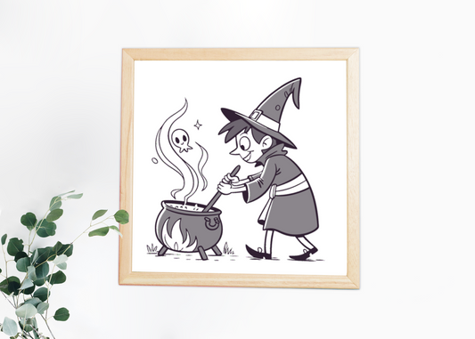 Cadre décoratif avec un jeune sorcier et son chaudron style monochrome Halloween