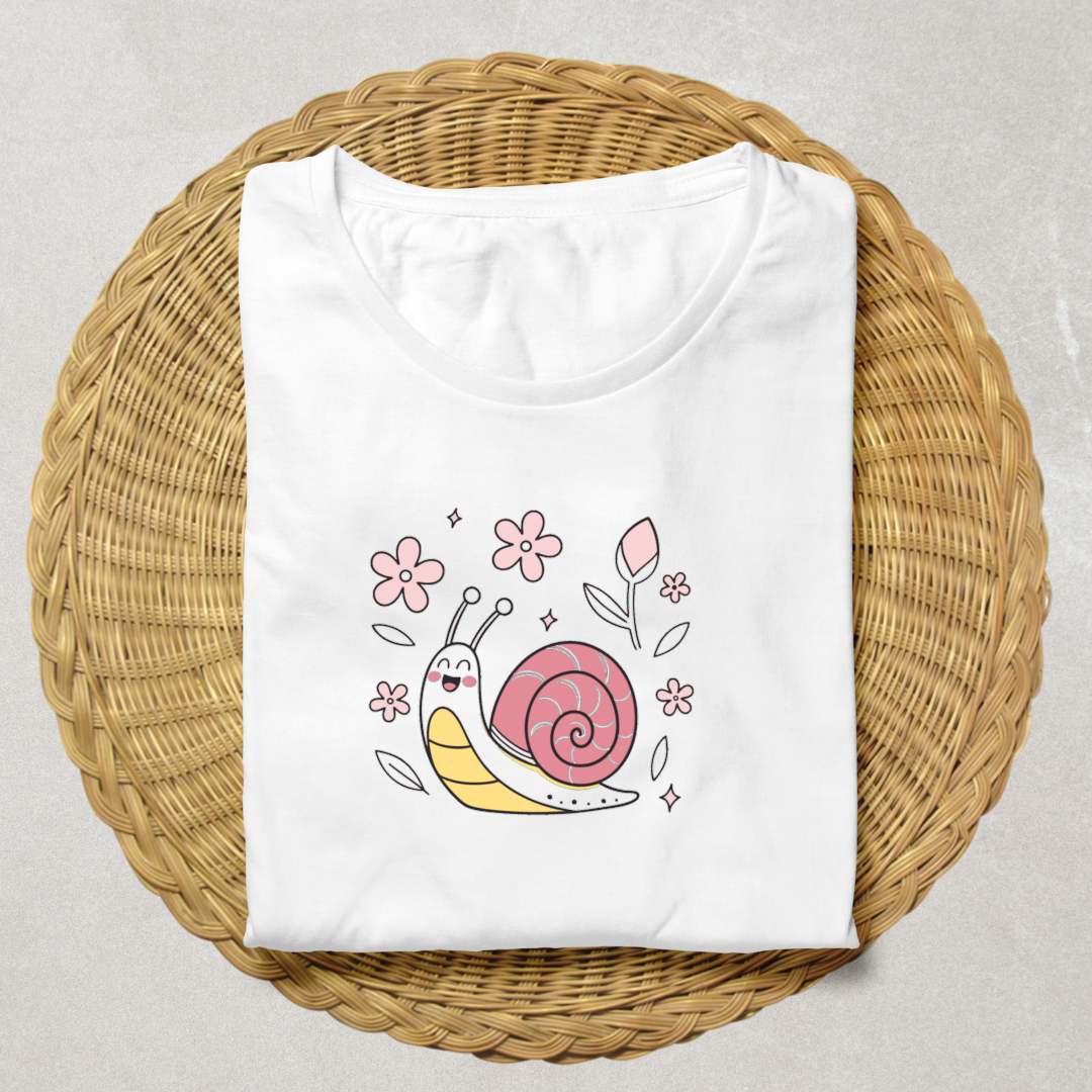 T-shirt avec un escargot joyeux parmi des fleurs pastel, ambiance printanière gaie
