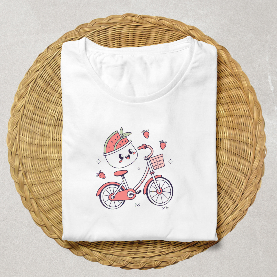 T-shirt avec dessin vélo fruité joyeux en style pastel pour l'été