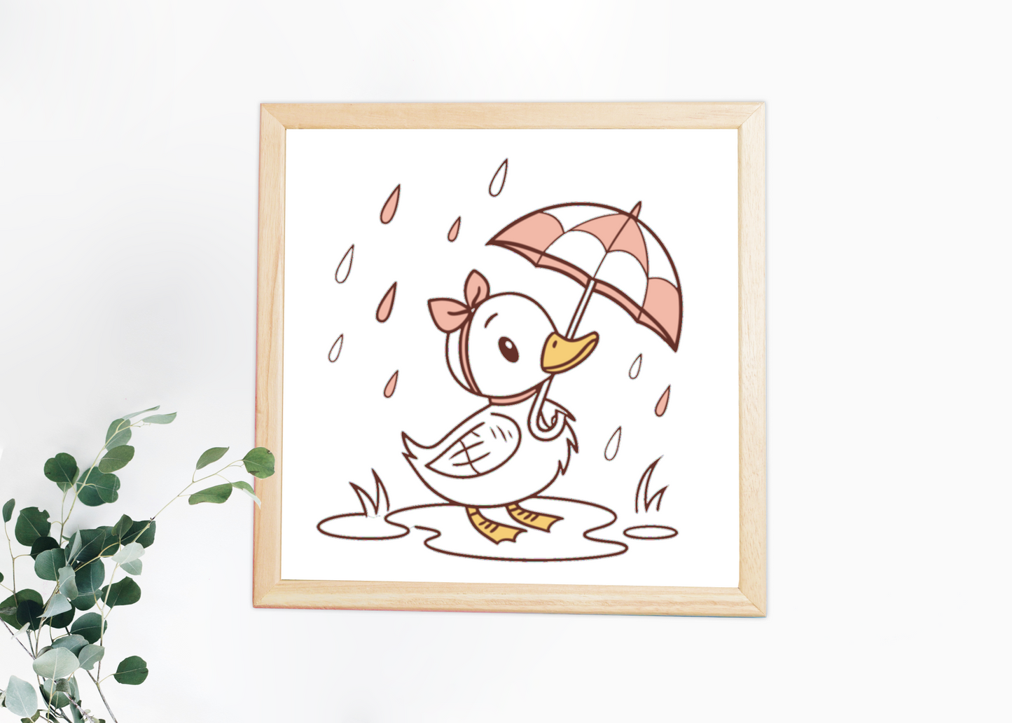 Cadre avec un caneton joueur sous la pluie dans un style mignon et enfantin