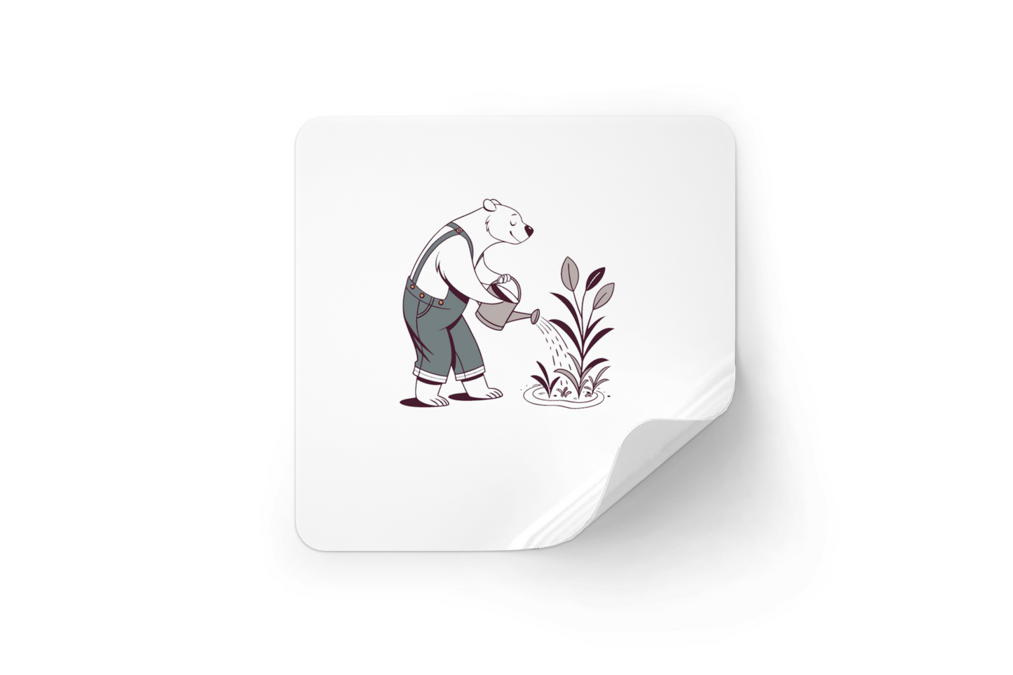 Sticker avec ours minimaliste arrosant des plantes, style nature et jardin