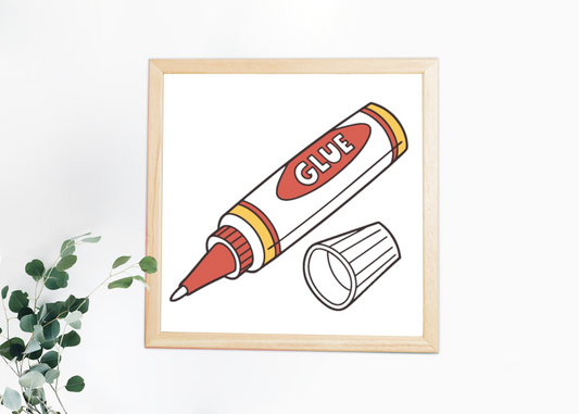 Cadre décoratif affichant un tube de colle dévissé dans un style vectoriel unique