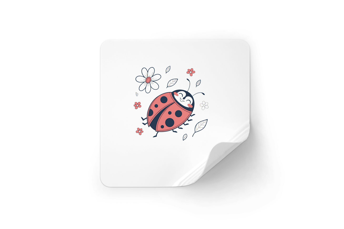 Sticker décoratif avec une coccinelle joyeuse sur fond printanier, idéal pour vos projets