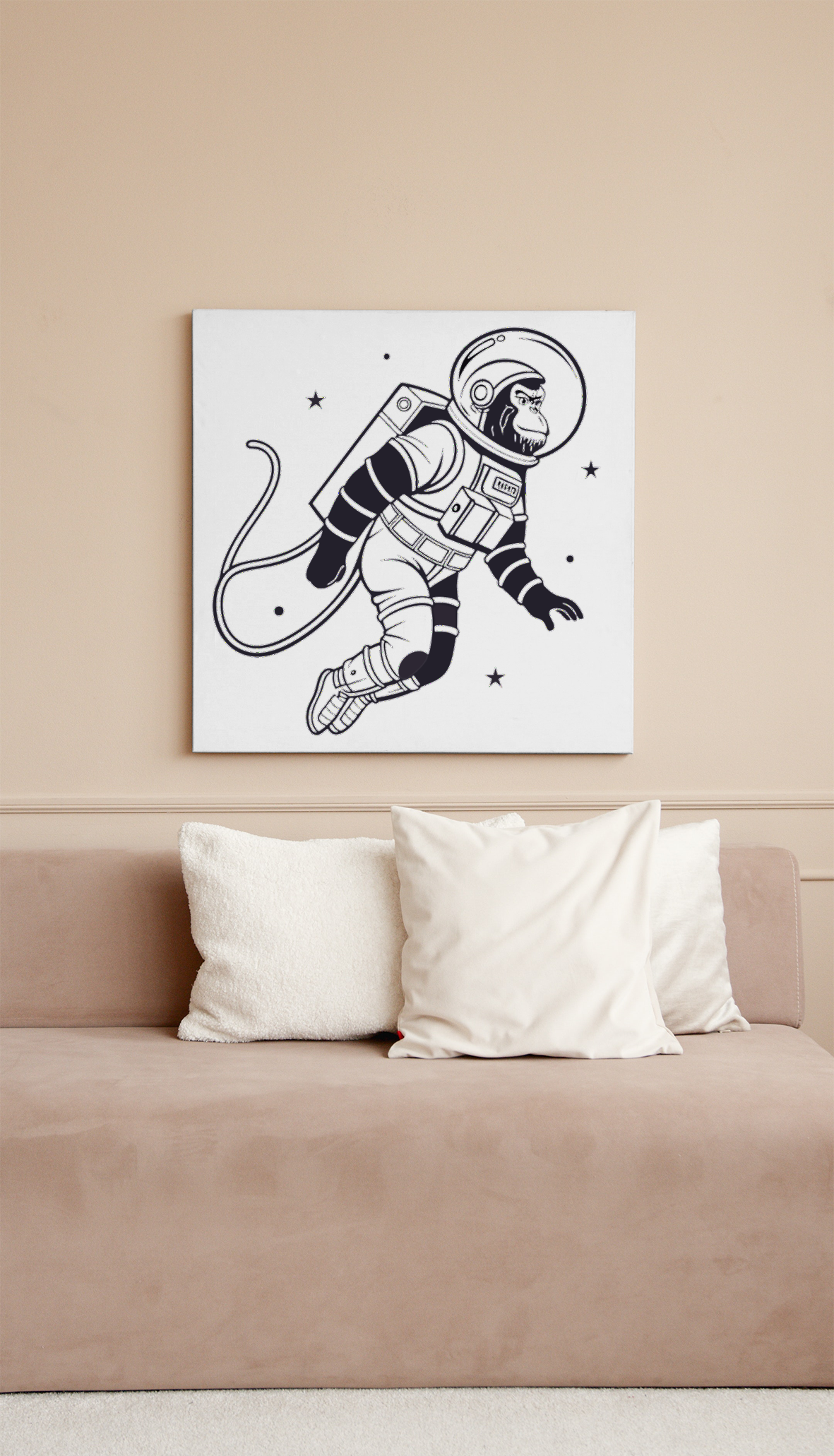 Cadre décoratif avec singe astronaute minimaliste pour aventure cosmique