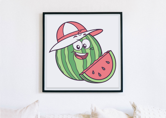 Cadre joyeux avec pastèque souriante en chapeau d'été, style ludique et divertissant