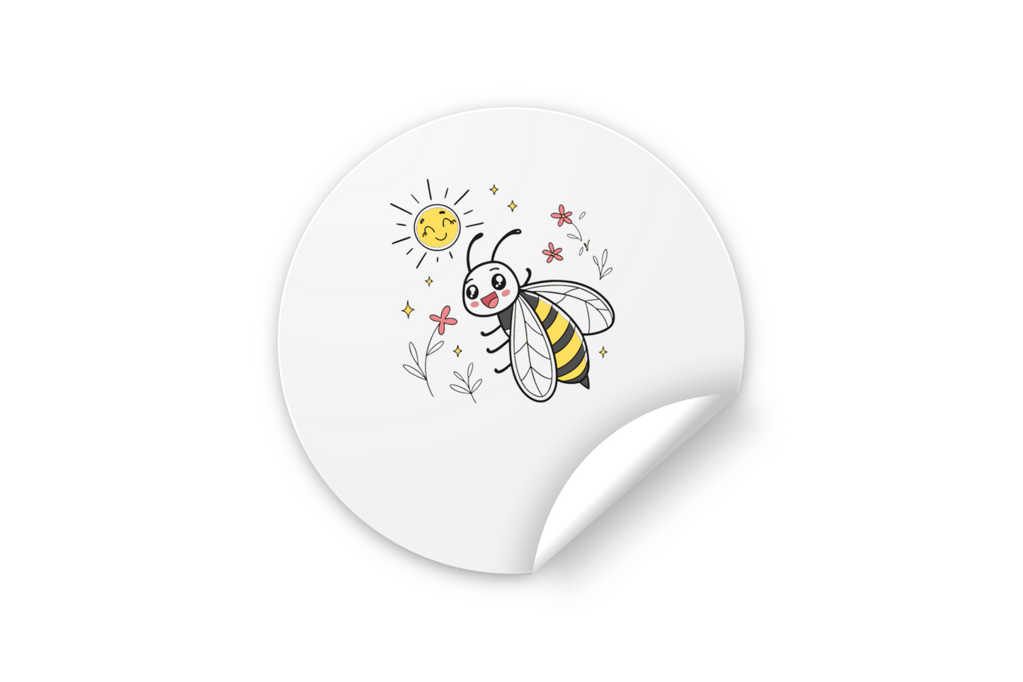 Sticker sur un fond blanc avec abeille joyeuse sous un soleil rayonnant