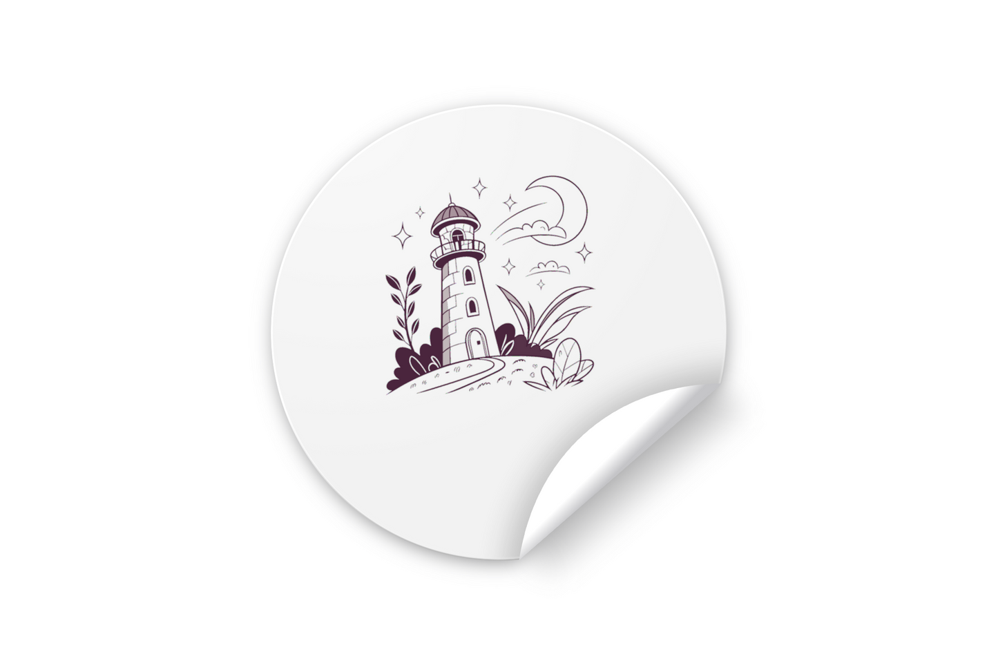 Sticker décoratif montrant un phare sous une lune dans un style minimaliste nocturne