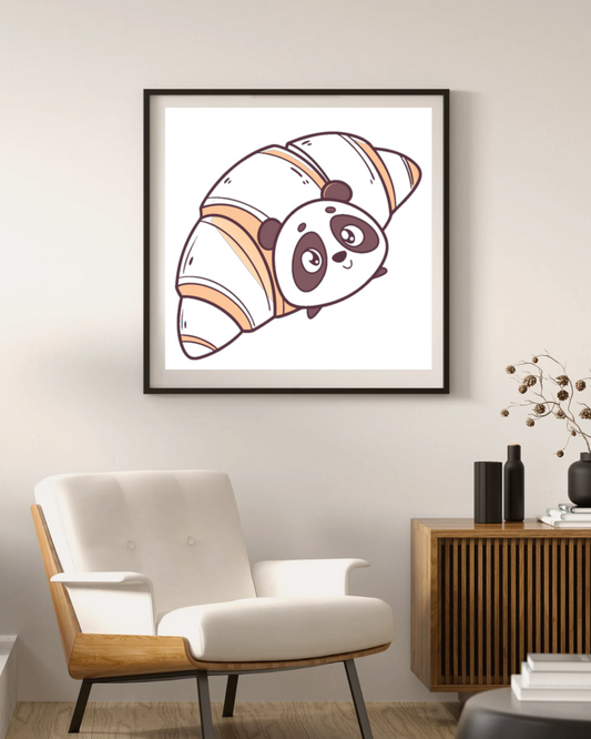 Cadre déco avec un panda jovial dans un croissant rappelant un univers gourmand