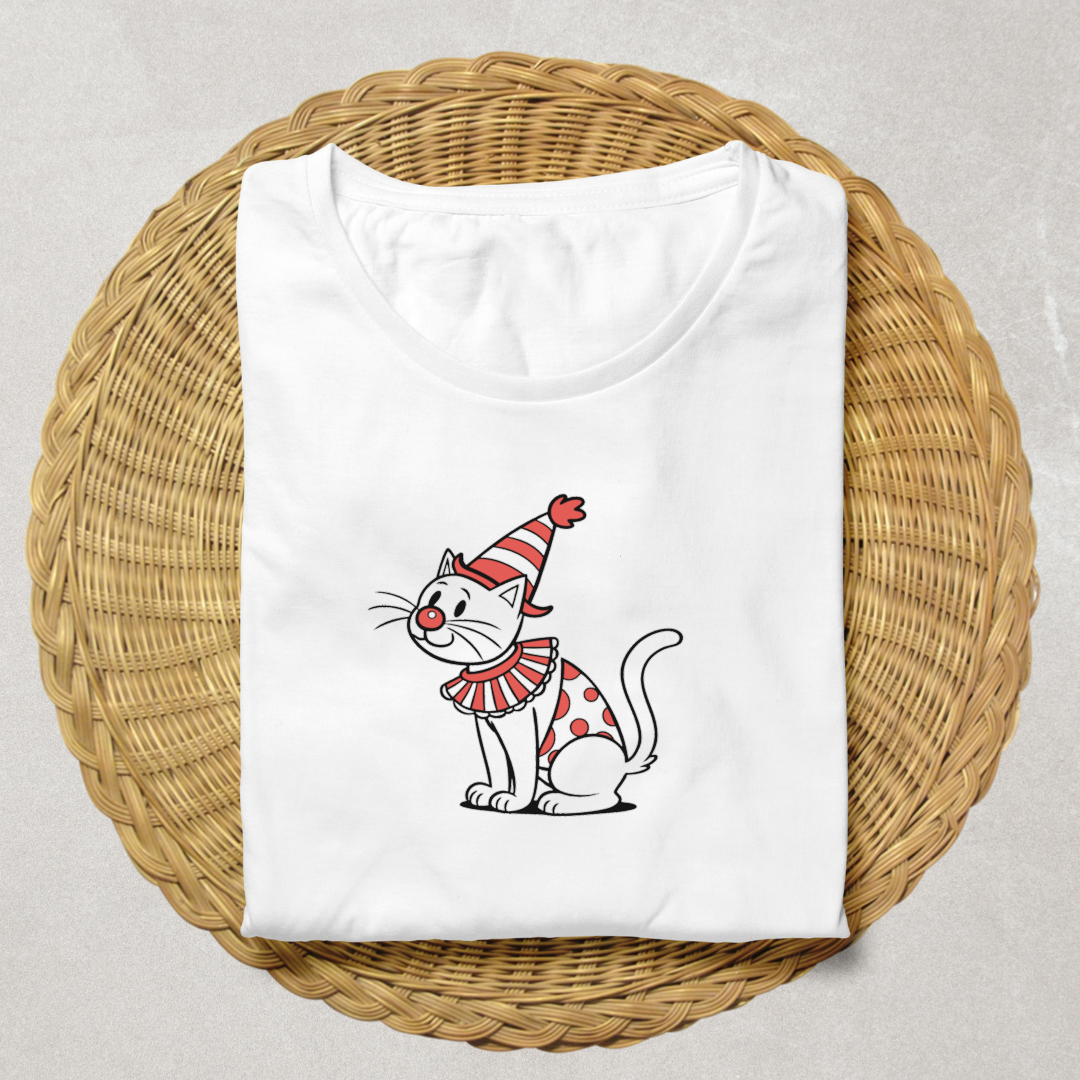 T-shirt festif orné d'un chat clown joyeux au style ludique et coloré