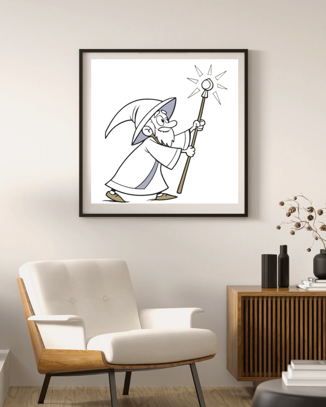 Cadre au design magique avec un sorcier illuminé en art vectoriel mystique