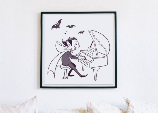 Cadre mettant en scène un vampire jouant du piano dans un style Halloween stylisé