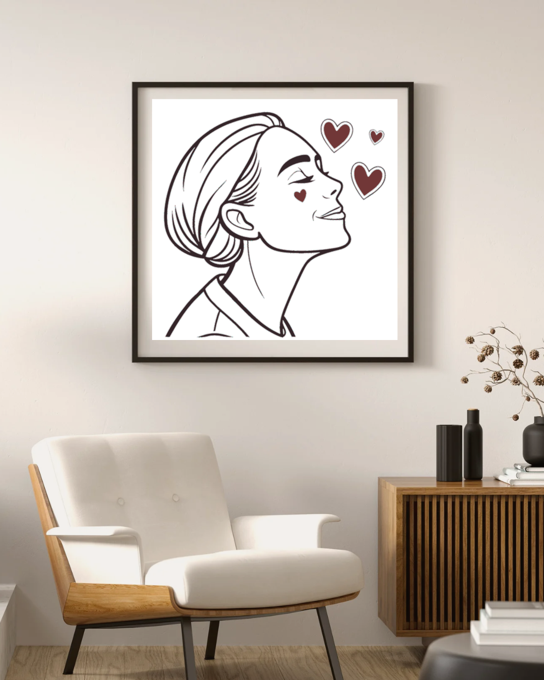 Cadre moderne présentant une femme souriante entourée de cœurs, dessin épuré