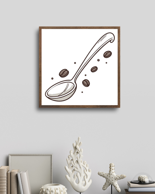 Cadre décoratif avec cuillère enjouée et grains de café, ambiance café rétro colorée