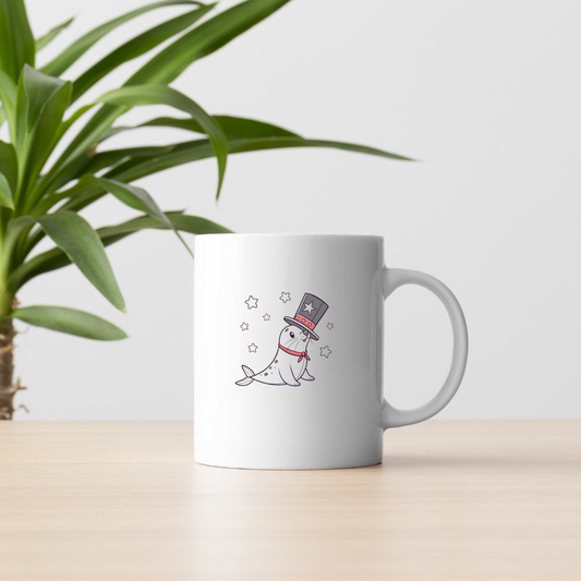 Mug décoré d'un phoque magicien étoilé sur fond céleste dans un design cartoon