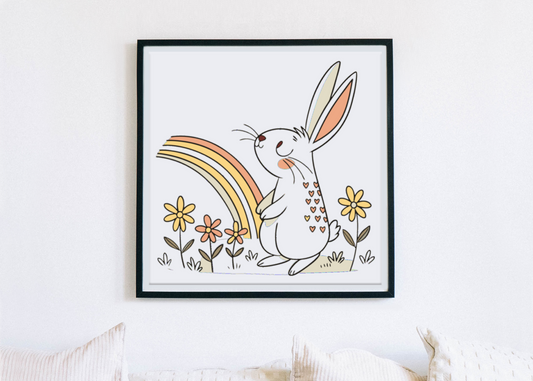Cadre élégant avec un lapin joyeux et arc-en-ciel dans un style printanier charmant
