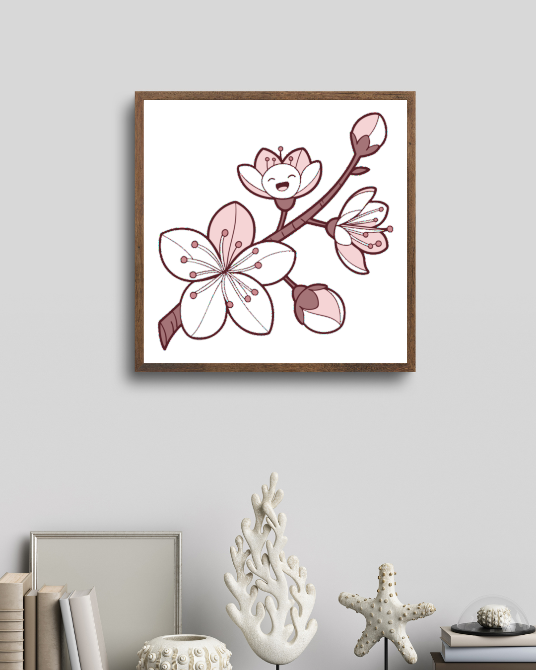 Cadre avec fleur de cerisier joyeuse en style doodle, ambiance zen et printanière