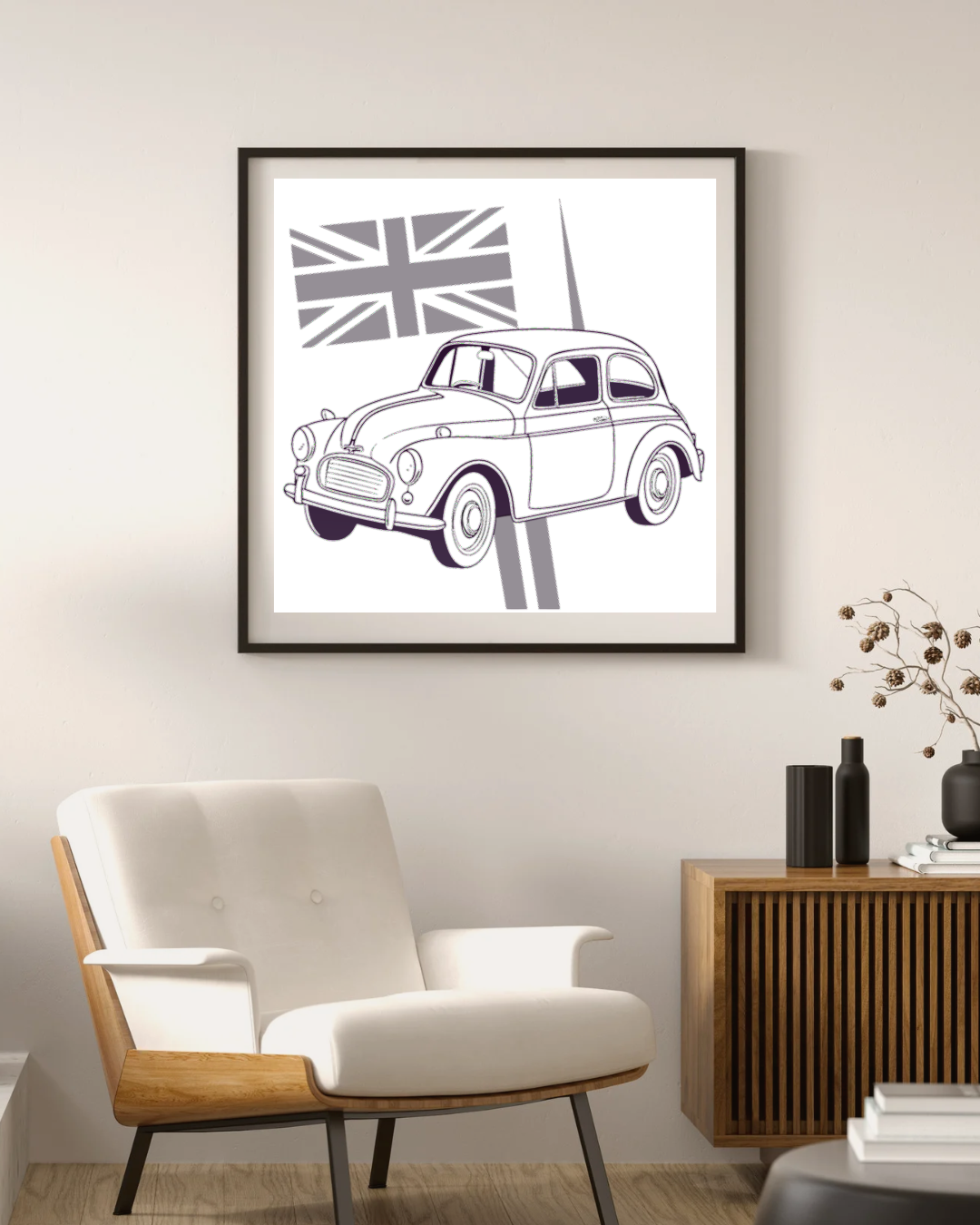 Cadre illustrant le Morris Minor classique, parfait pour une ambiance rétro.
