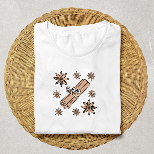 T-shirt humoristique avec un bâton de cannelle en style vectoriel doux éclatant
