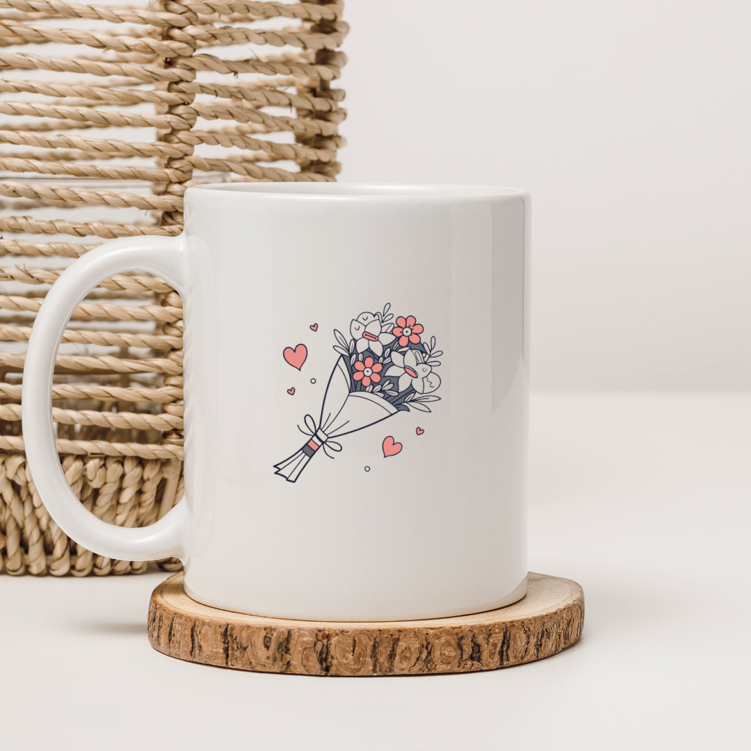 Tasse personnalisée avec bouquet de mariage dessin stylisé pour cadeaux uniques