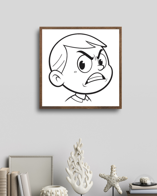 Cadre avec dessin vectoriel d'un garçon en colère exprimant une émotion enfantine