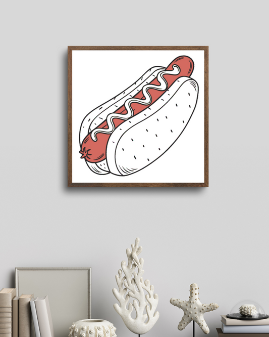 Cadre moderne avec icône hot dog, style flat, ambiance snack amusant