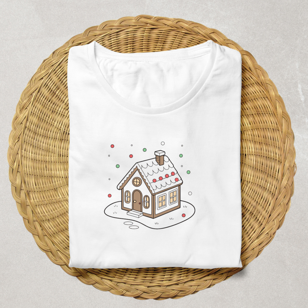 T-shirt festif orné d'une maison de pain d'épices enneigée pour Noël