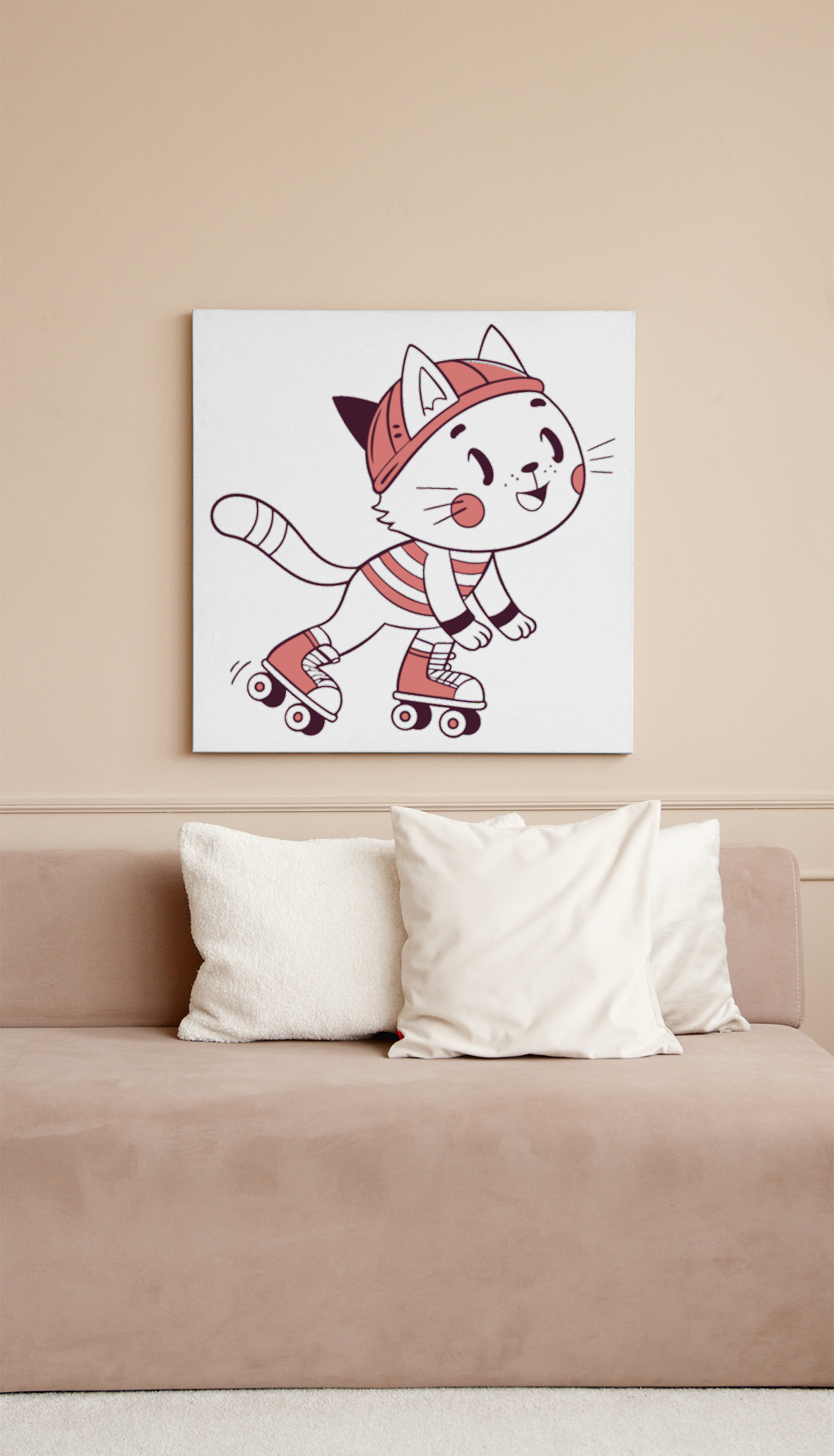 Cadre avec un chat joyeux en rollers, design dynamique et vibrant