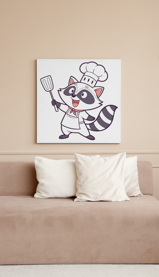 Cadre avec raton-laveur joyeux chef kawaii style déco cuisine amusante