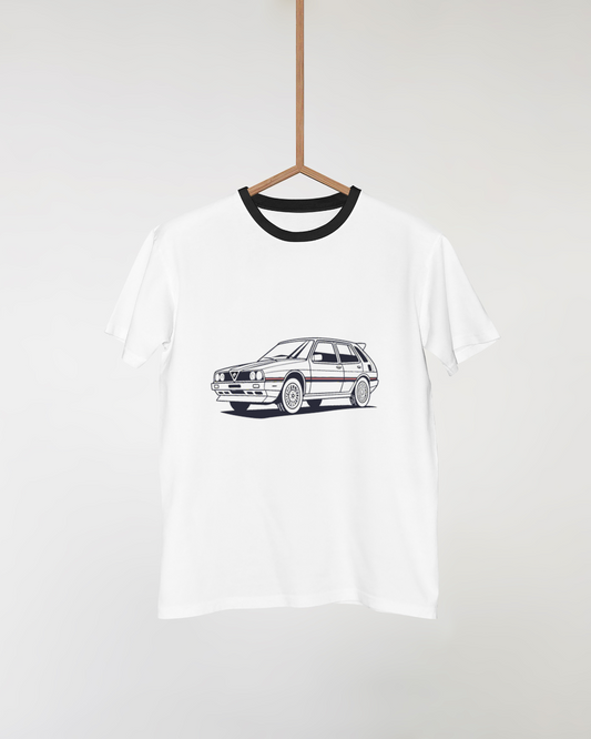 Illustration rétro de la Lancia Delta Integrale sur un t-shirt.