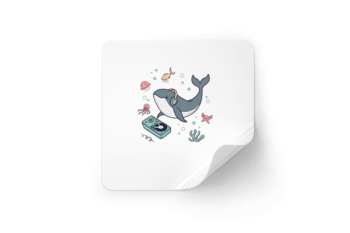 Sticker humoristique représentant une baleine DJ dans une aventure musicale stylisée