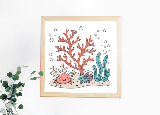 Cadre avec crabe joyeux dans le style vectoriel pastel thème aquatique