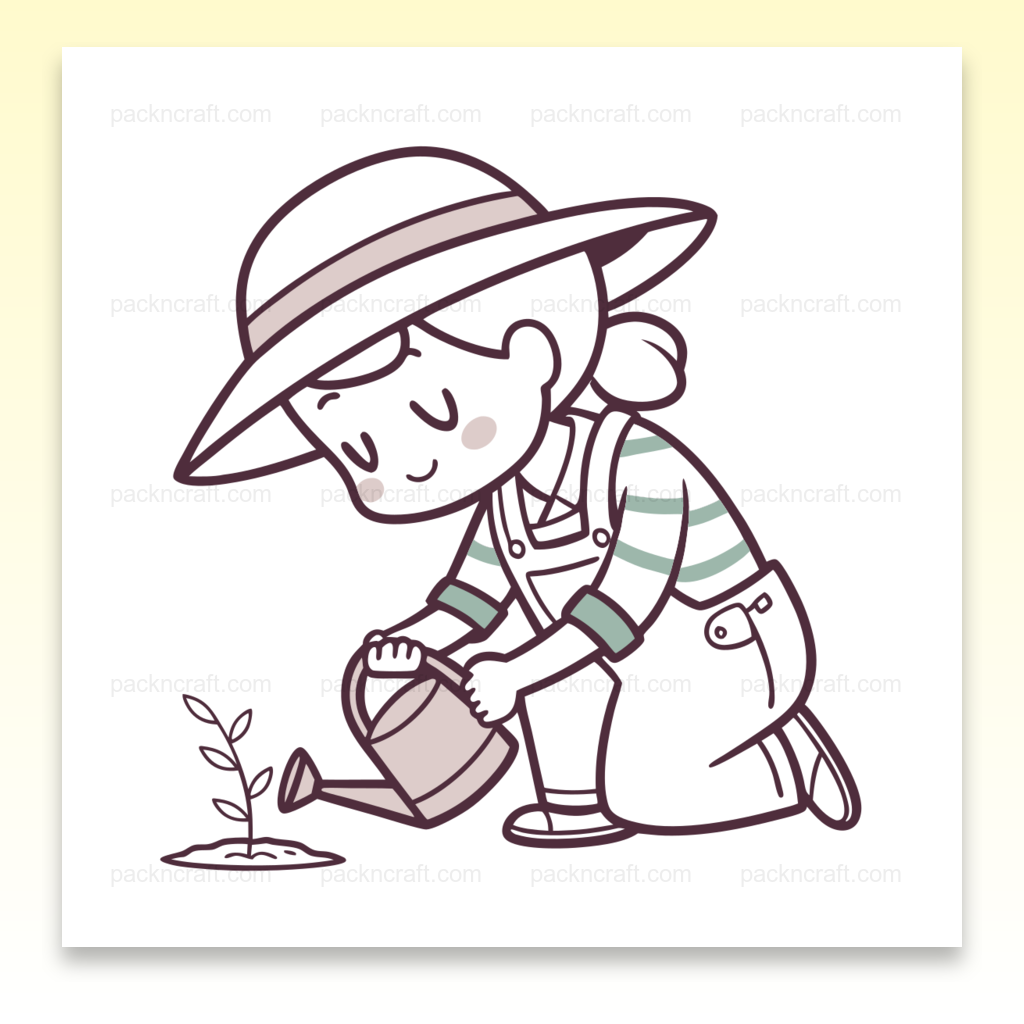 Illustration numérique de jardinier heureux arrosant une plante, idéale pour DIY ou papeterie.