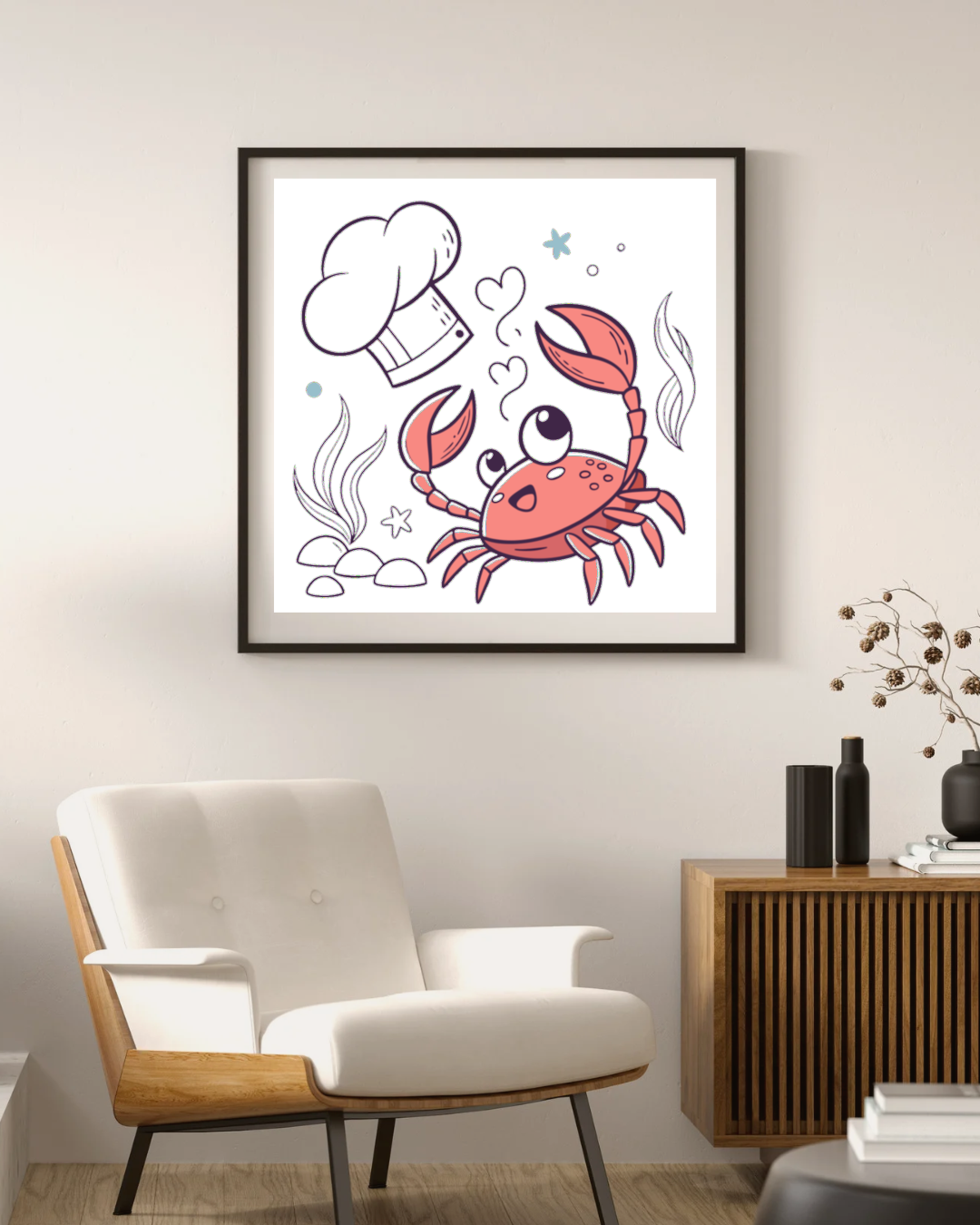 Cadre décoratif avec un crabe chef cartoon amusant sur fond d'océan lumineux
