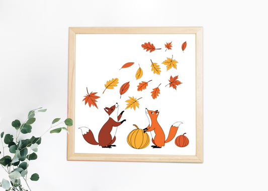 Cadre automnal avec des renards joueurs se cachant sous des feuilles stylisées