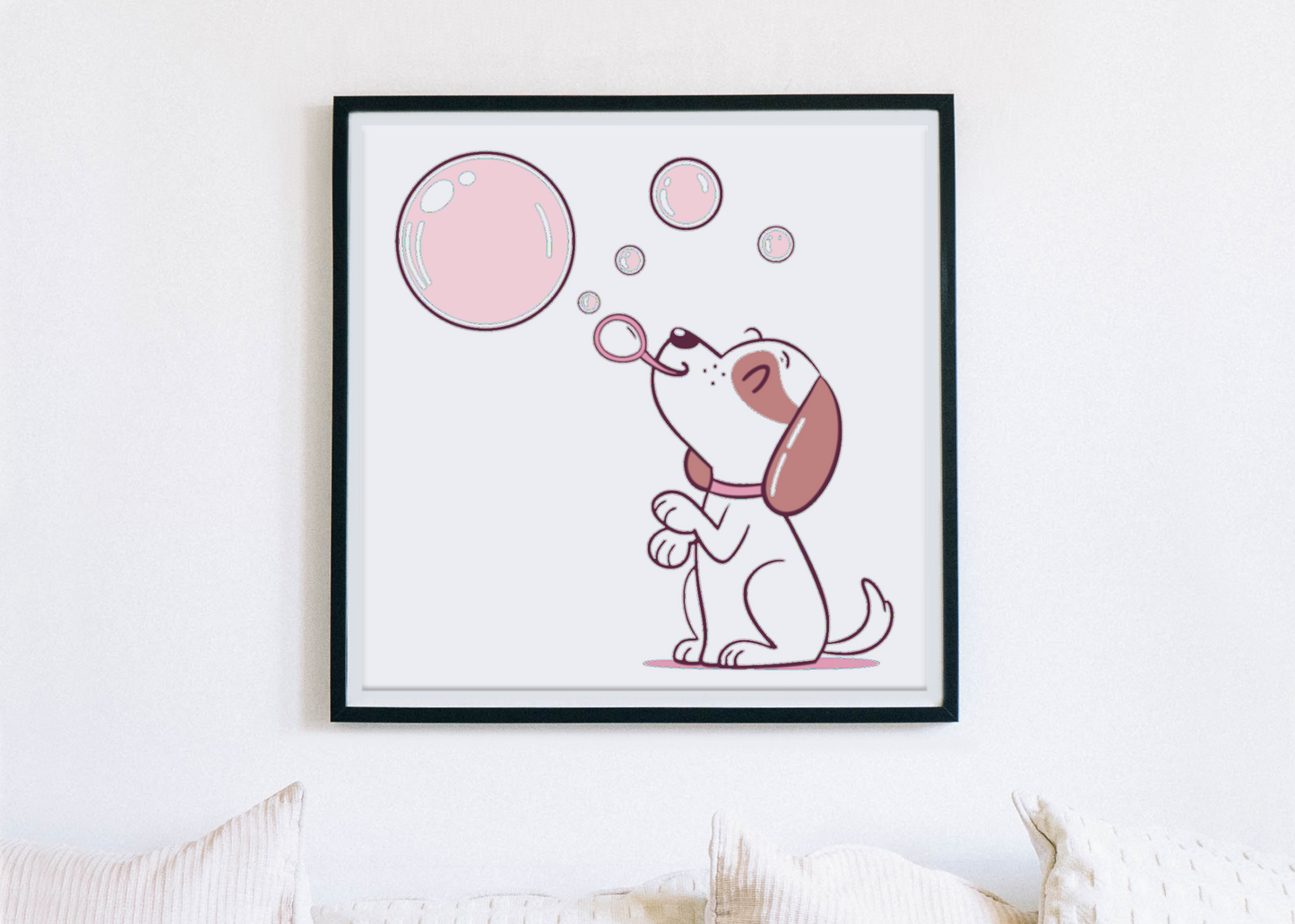 Cadre moderne avec chien joueur pastel soufflant des bulles évasion délicate