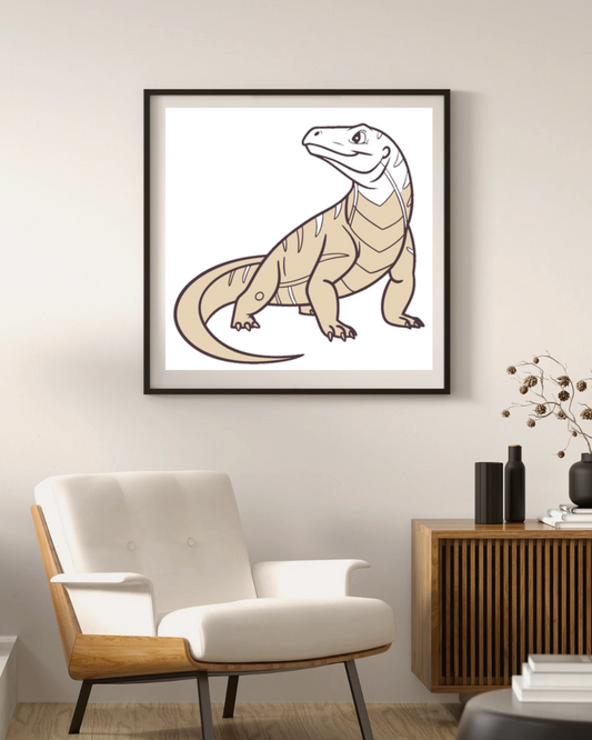 Cadre avec varan curieux style kawaii pour une aventure jungle ludique