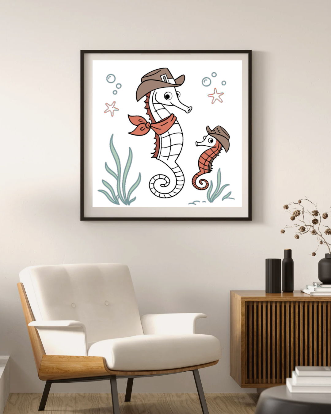 Cadre avec hippocampes style doodle dans un thème marin amusant