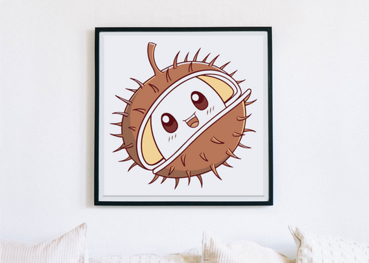 Cadre automne décoratif style kawaii avec châtaigne joyeuse colorée