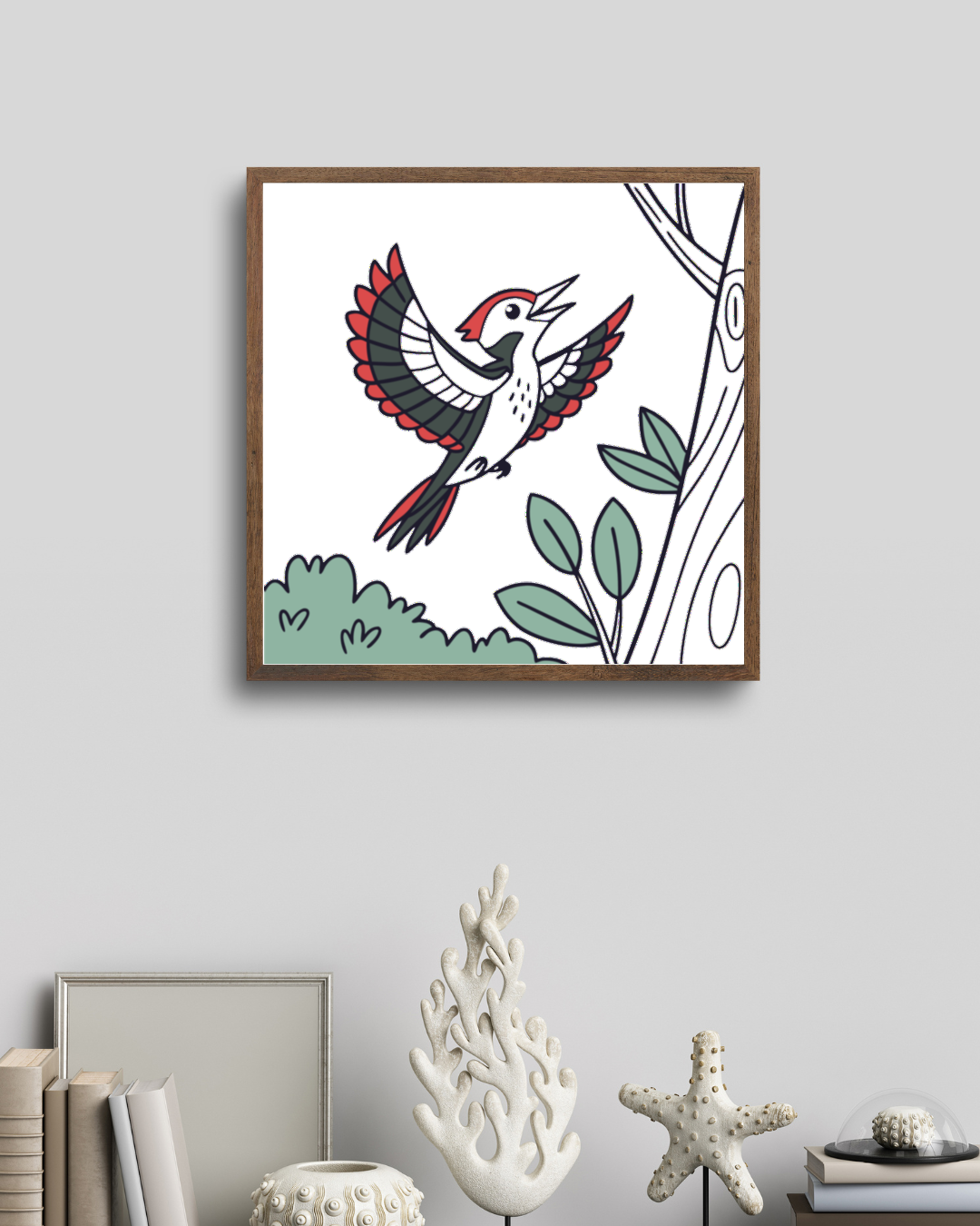 Cadre décoratif avec pic épeiche joyeux stylisé, ambiance nature sereine