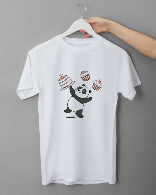T-shirt avec un panda adorable jonglant des gâteaux dans un style gourmand et ludique