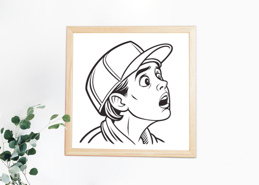 Cadre au style urbain avec icône ado surpris en ligne fine, design tendance et moderne