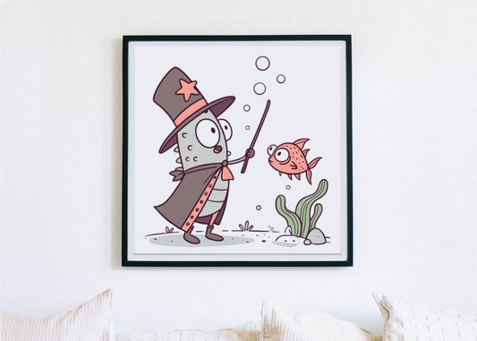 Cadre élégant avec poisson magicien style doodle dans un monde aquatique enchanteur