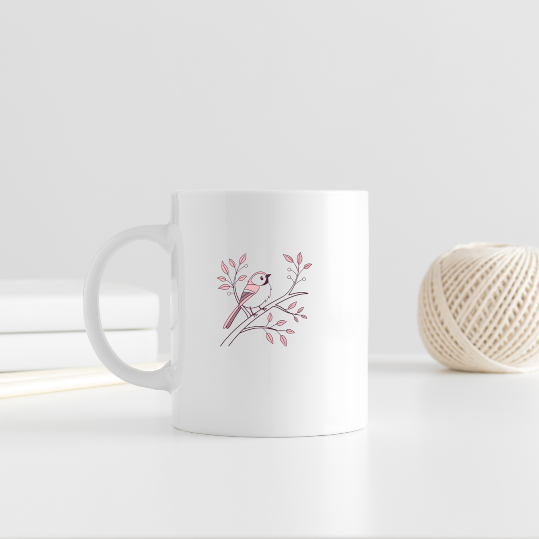 Mug en céramique avec dessin pastel d'oiseau rêveur sur une branche